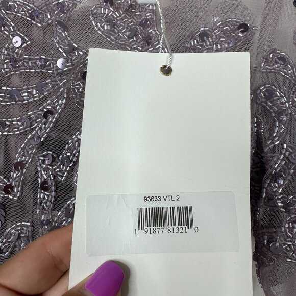 NWT Mac Duggal Illusion High Neck Long-Sleeve Tea Length Dress Lilac #9857 - Picture 6 of 8